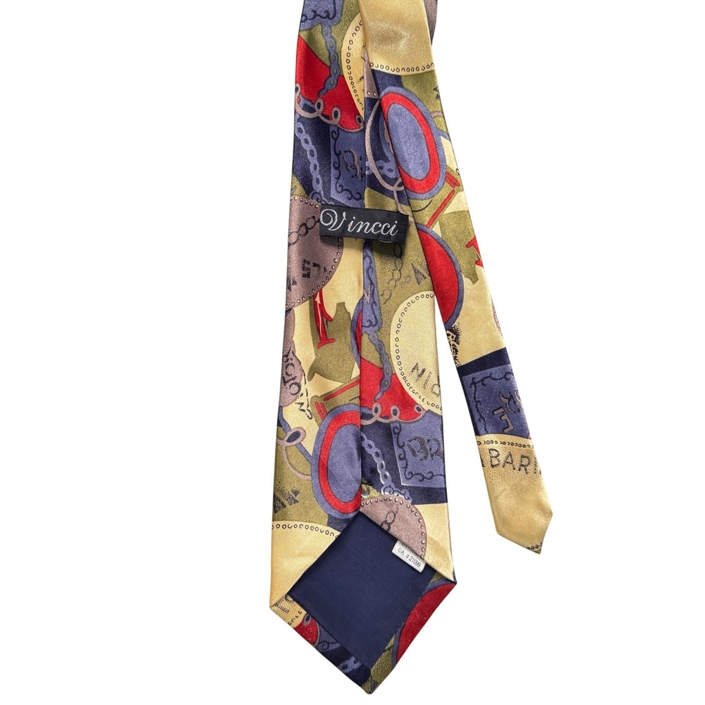 Vincci Mens Abstract Chain Link Print Tie Gold Red Navy Blue Polyester Retro